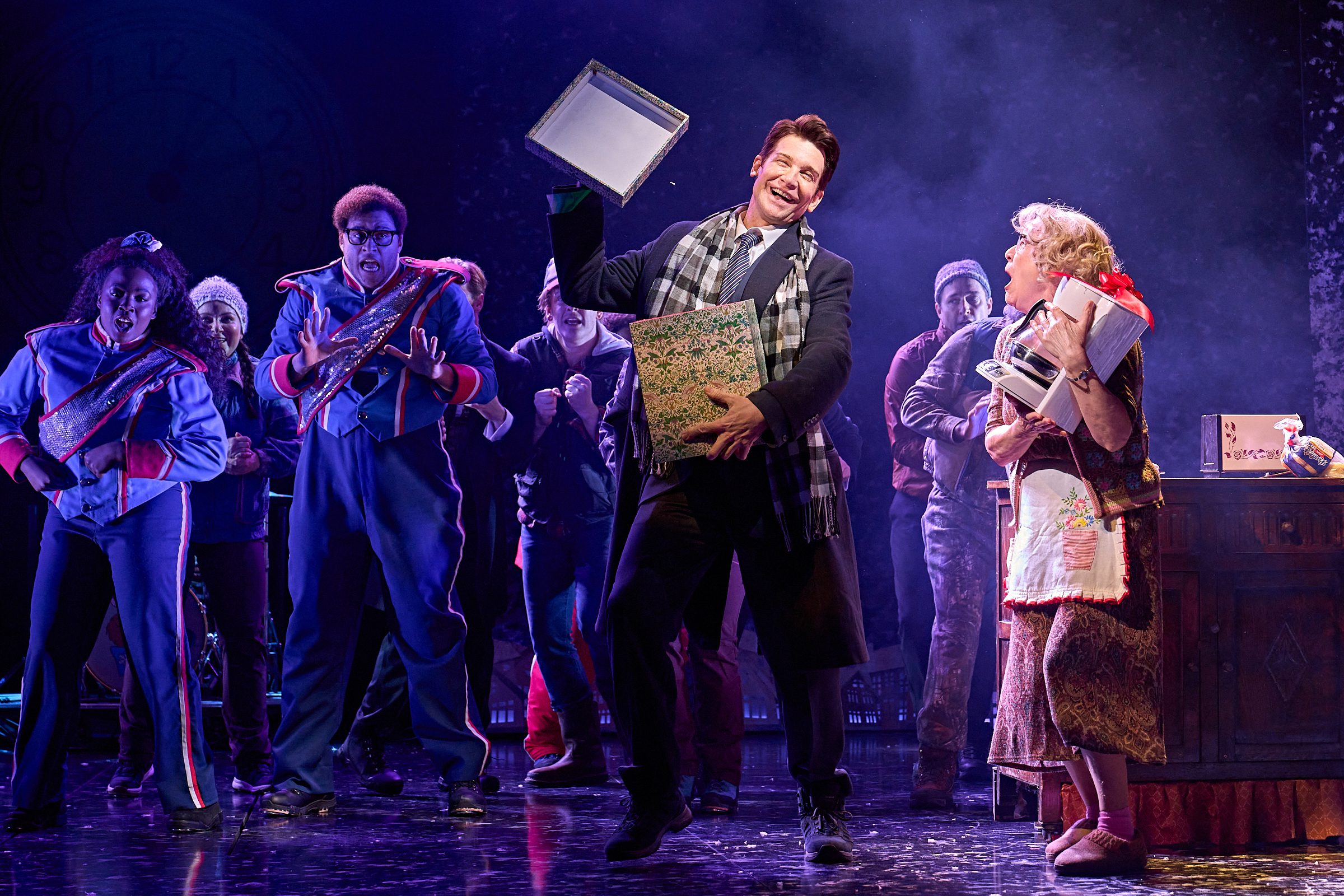 Phil Connors (Andy Karl), Mrs. Lancaster (Annie Wensak), and the company. Photo by Manuel Harlan